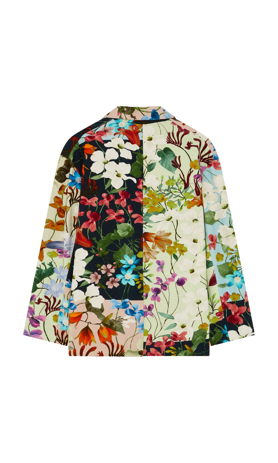 Plümo- Riverene Blazer—a colorful floral patchwork cotton twill jacket with long sleeves, shown from the back.