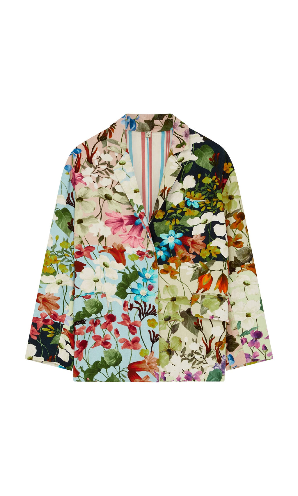 Plümo- Riverene Blazer with a colorful hand-painted floral print, featuring vibrant flowers and leaves on white.