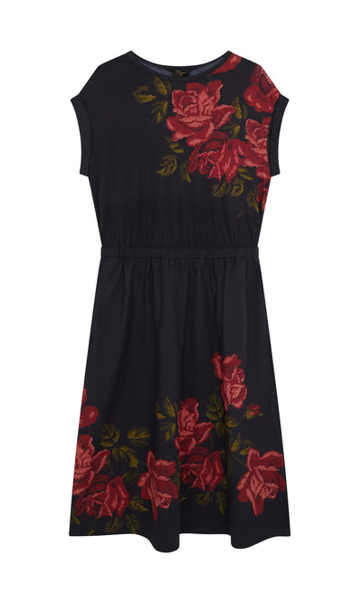 Plümo- Rose Stitch Dress: Black short-sleeve dress with cross-stitch rose accents and a gathered waist.