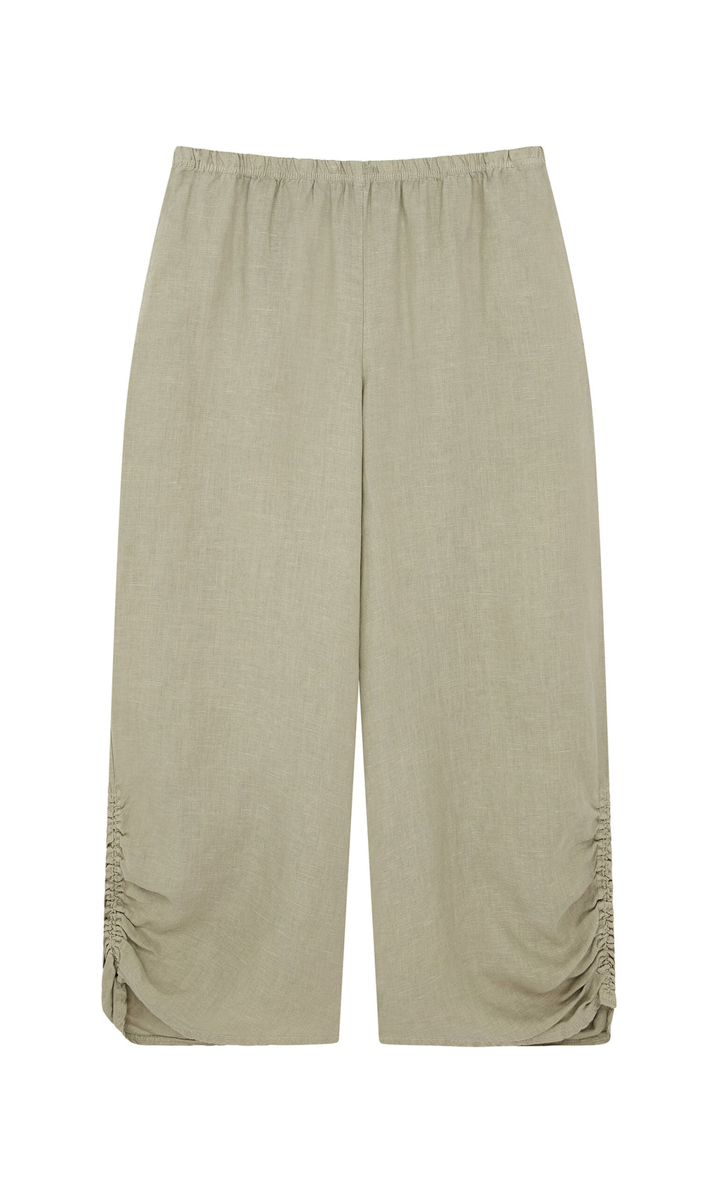 Plümo- Royles Pants: Light olive green wide-leg linen pants with elastic waist and subtle gathers, sustainably made.