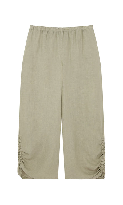 Plümo- Royles Pants: Light olive green wide-leg linen pants with elastic waist and subtle gathers, sustainably made.