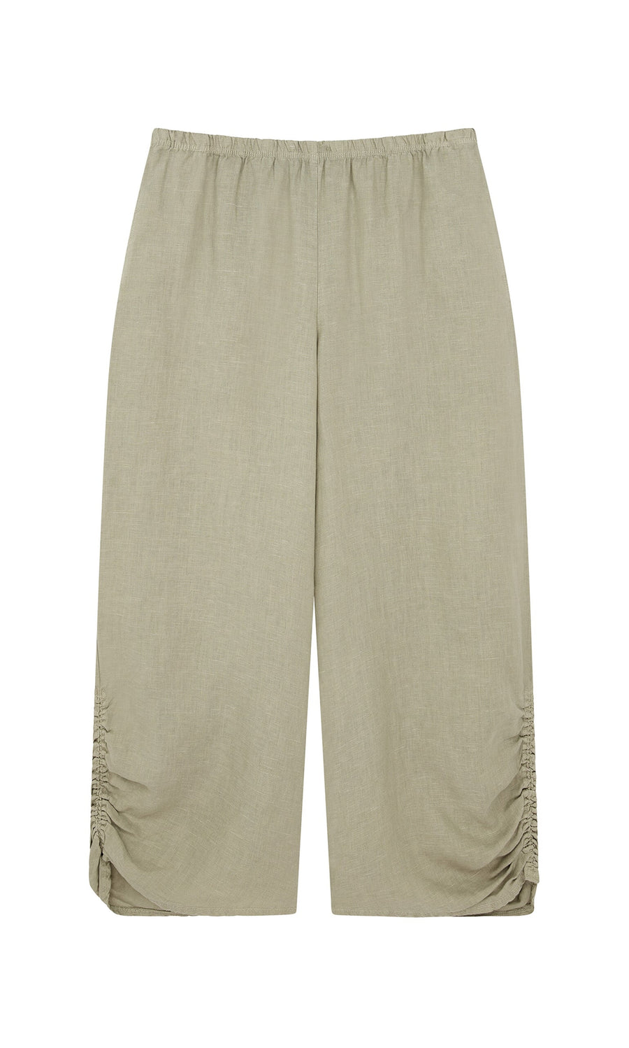 Plümo- Royles Pants: Light olive green wide-leg linen pants with elastic waist and subtle gathers, sustainably made.