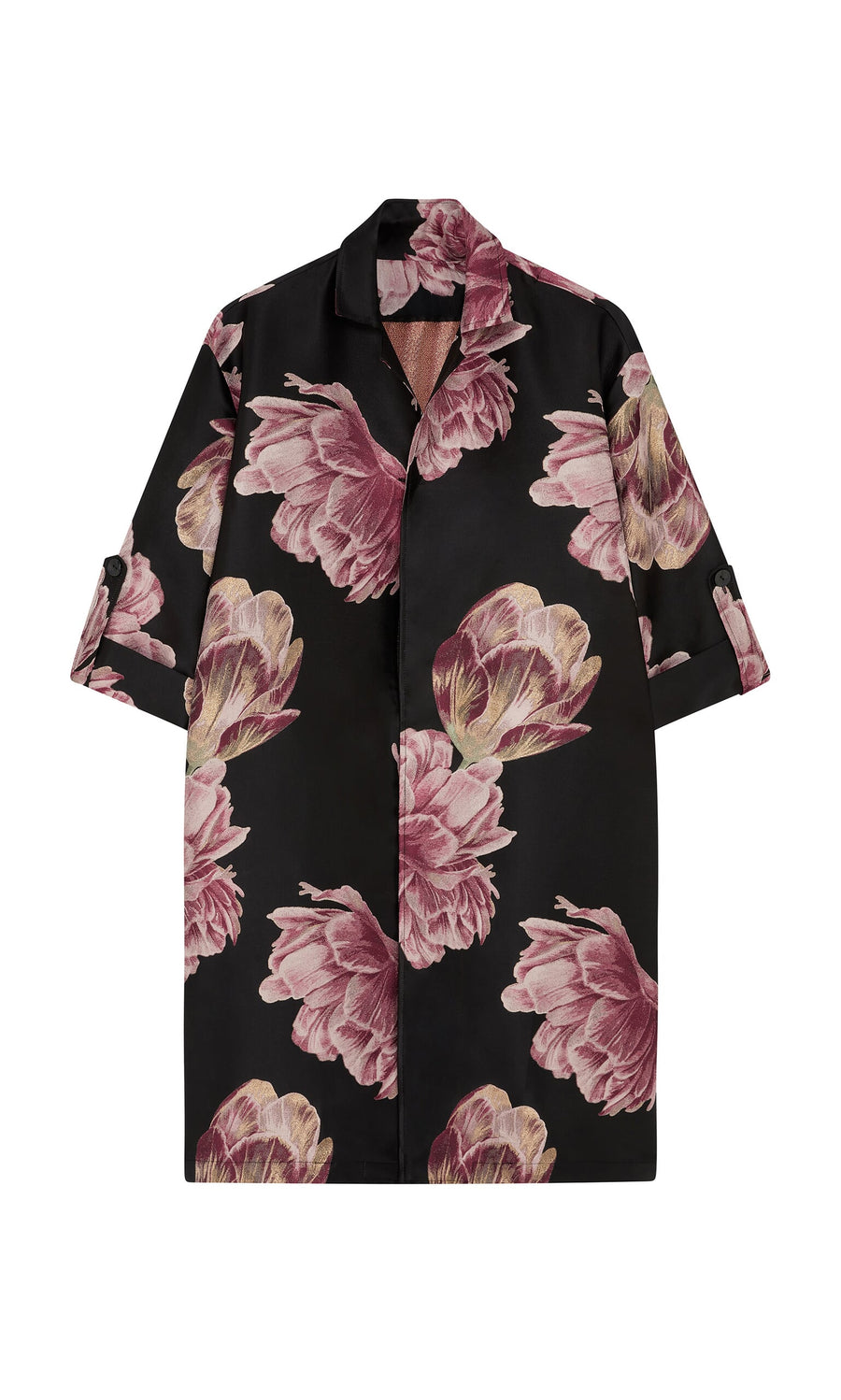 Plümo- The Rozella Coat features a black base with large pink and beige florals, short sleeves, and a stylish collar.