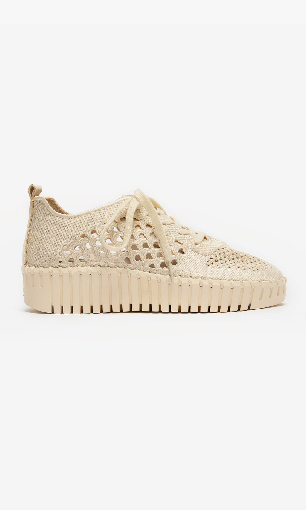 Plümo- Runa Trainers: Beige lightweight lace-up shoe with breathable embroidered upper and supportive wedge sole, side profile shown.