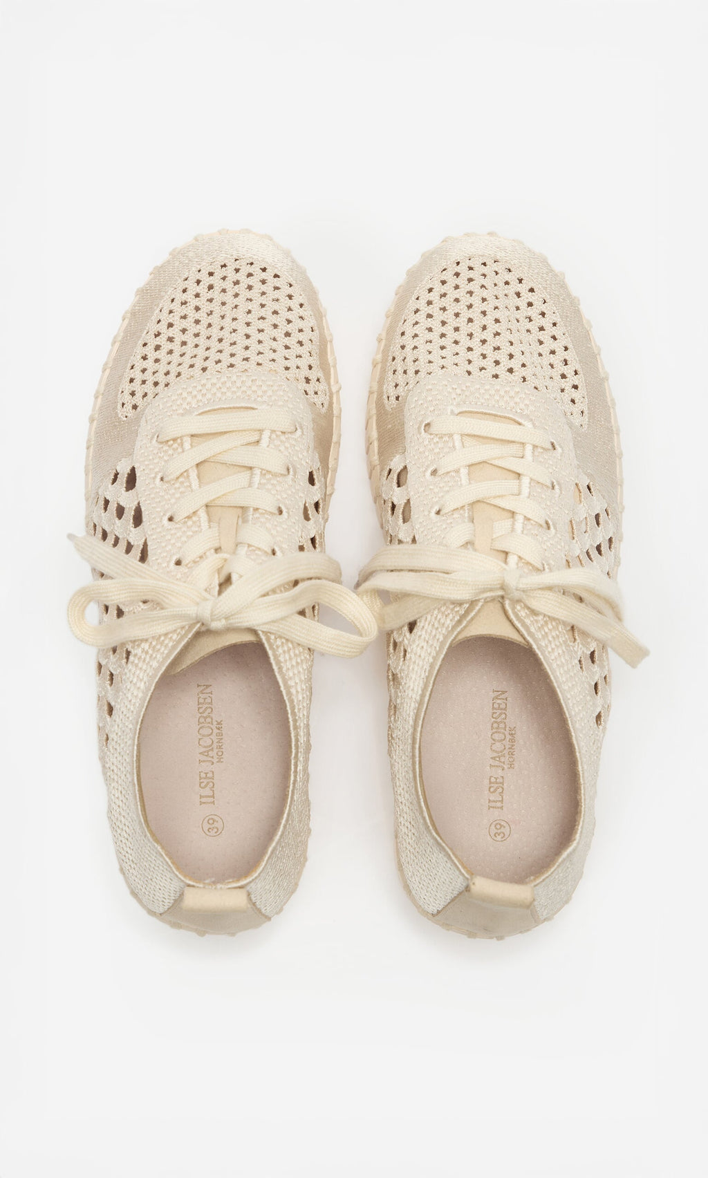 Plümo- Beige Runa Trainers with lightweight, breathable embroidered uppers, viewed from above on a white background.