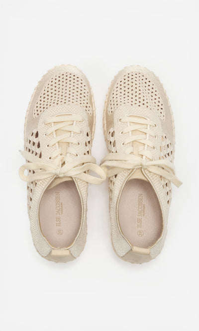 Plümo- Beige Runa Trainers with lightweight, breathable embroidered uppers, viewed from above on a white background.