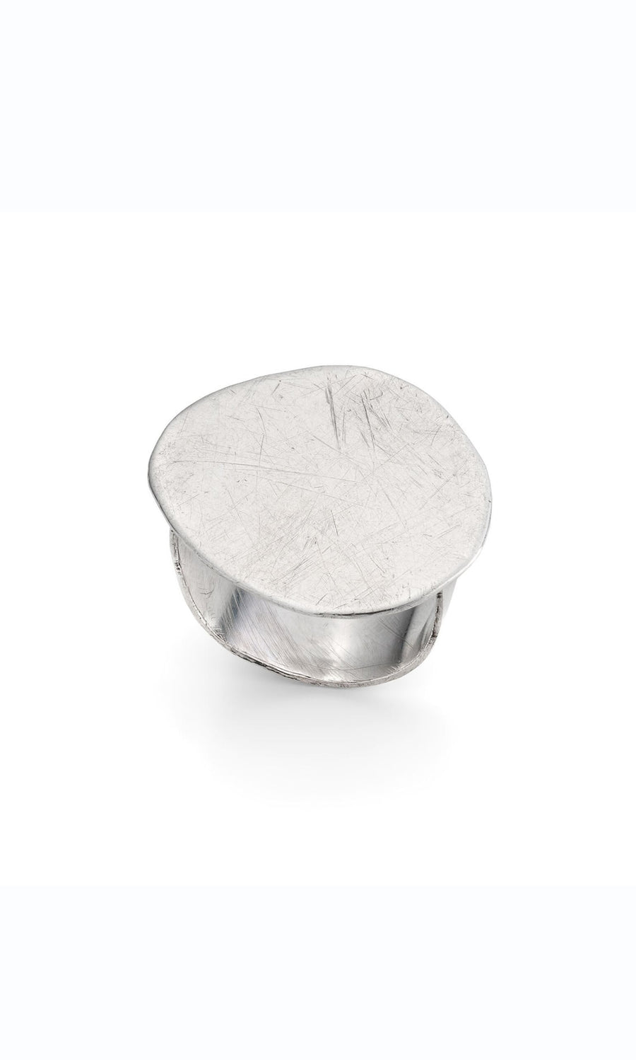 Plümo- The Eco Silver Pebble Ring features a chunky band, wide flat top, and an irregular, scratched handmade finish.