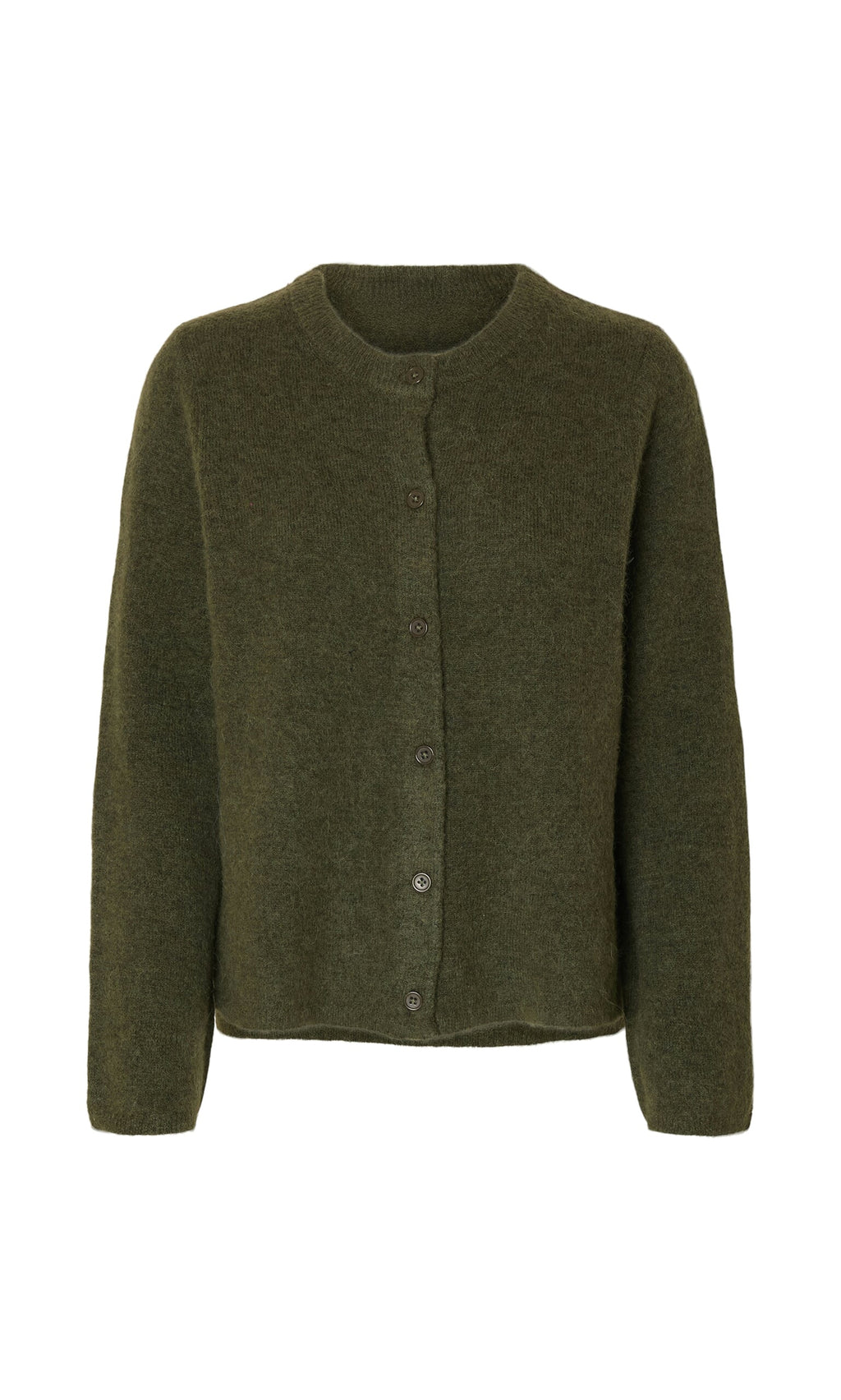 Plümo- Olive Green Cardigan: Long-sleeve crew neck in soft souffle knit, made with sustainable wool.