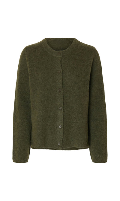 Plümo- Olive Green Cardigan: Long-sleeve crew neck in soft souffle knit, made with sustainable wool.