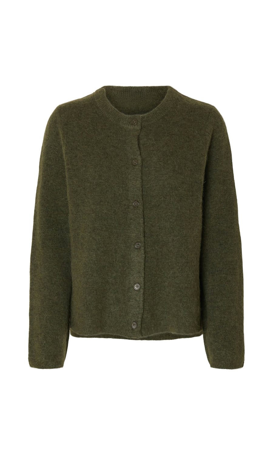 Plümo- Olive Green Cardigan: Long-sleeve crew neck in soft souffle knit, made with sustainable wool.
