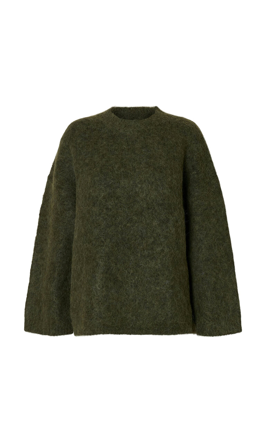 Plümo- Fifi Green Jumper: dark green, oversized alpaca knit sweater with long sleeves and a crew neckline on white background.
