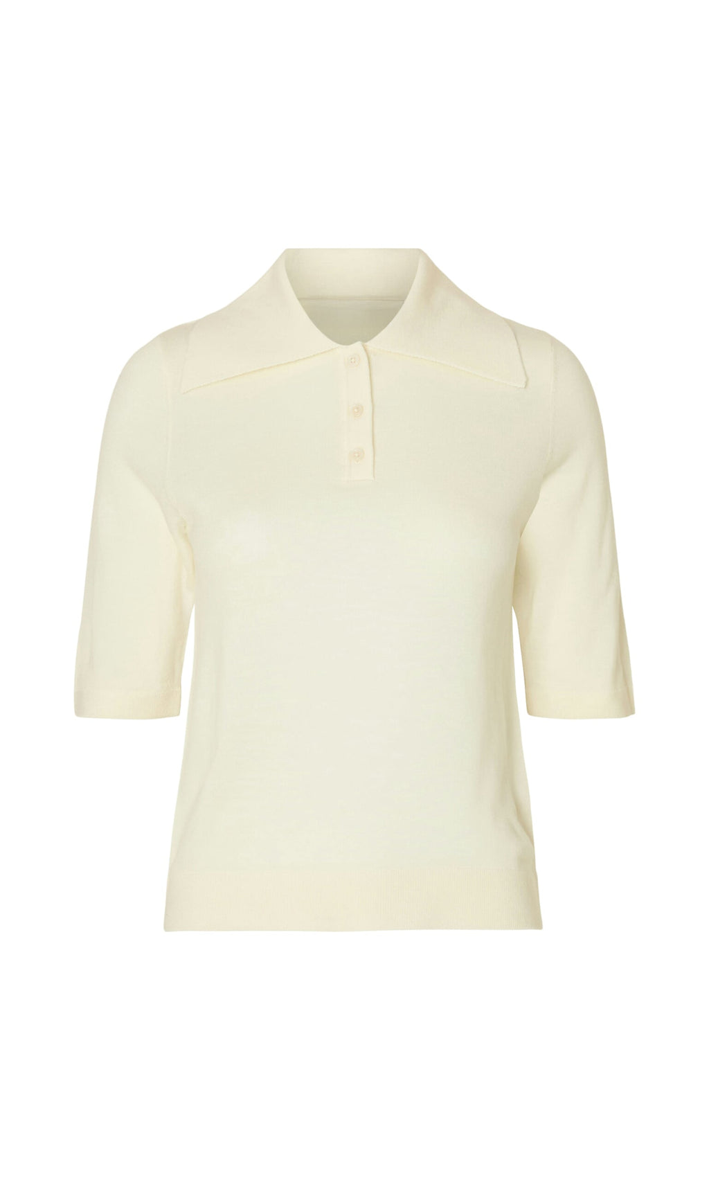 Plümo- The Merino Collar Top is a cream merino wool polo with a vintage silhouette, short sleeves, and a three-button front.