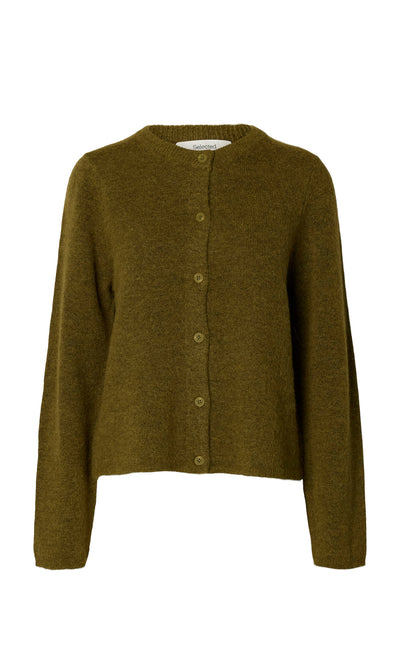 Plümo  Lucinda Cardigan: olive green, crew neck, airy knit, long-sleeve button-up, shown on white background.
