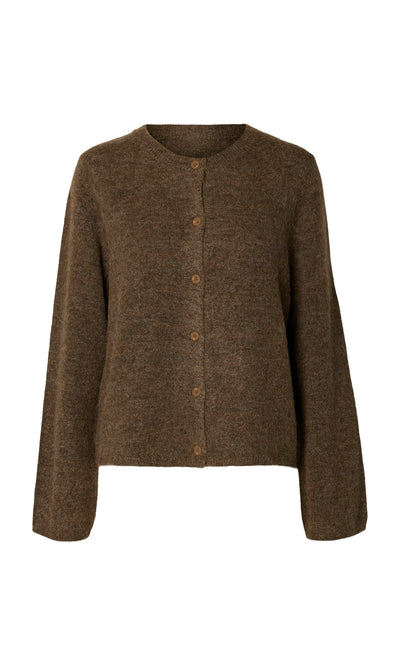 Plümo  Findlay Cardigan: brown crew neck, airy knit, long sleeves, front buttons; shown on a white background.
