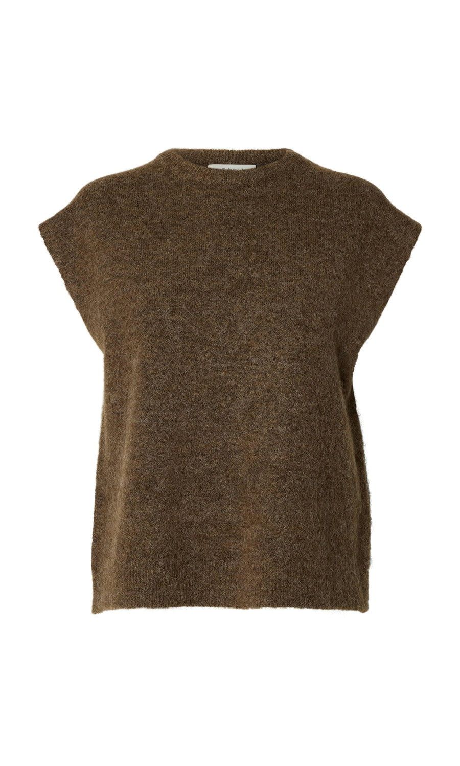 Plümo  Rennes Tank Top: peat brown knit, sleeveless crewneck vest, perfect for layering on a white background.