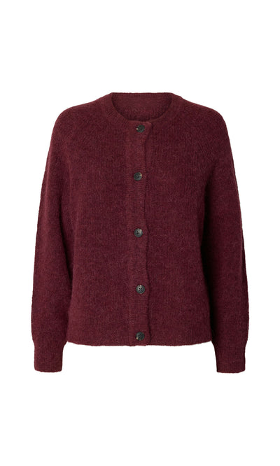Plümo  The Caen Cardigan - Jam: maroon, long-sleeve, crew neck, button-up marled knit on a plain white background.