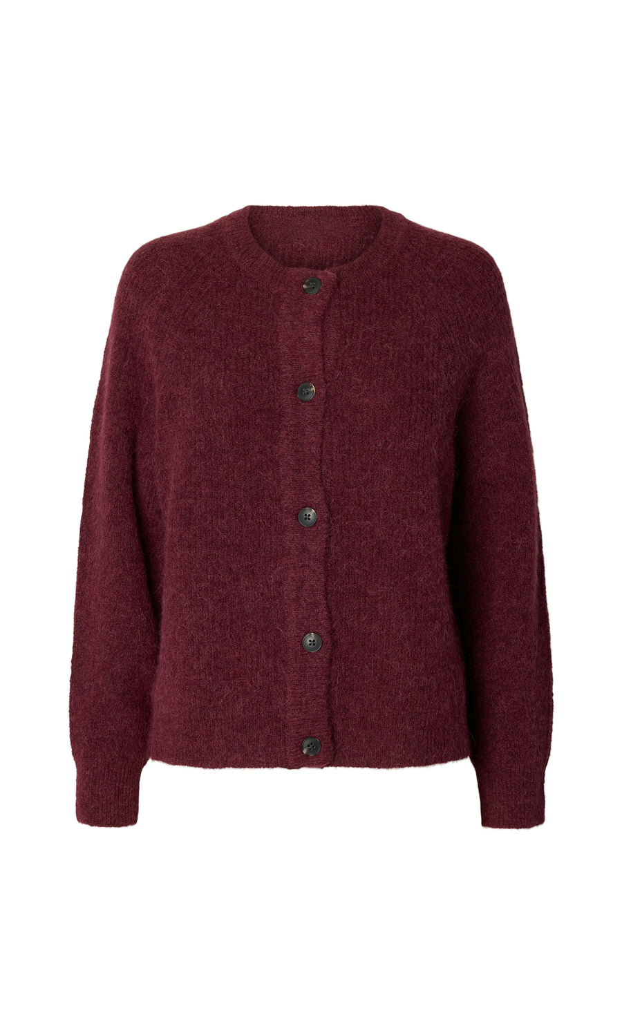 Plümo  The Caen Cardigan - Jam: maroon, long-sleeve, crew neck, button-up marled knit on a plain white background.