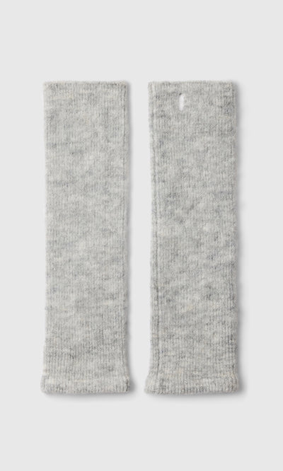 Plümo  Set of two light gray Grey Wrist Warmers, Danish design; one features a buttonhole near the top edge.