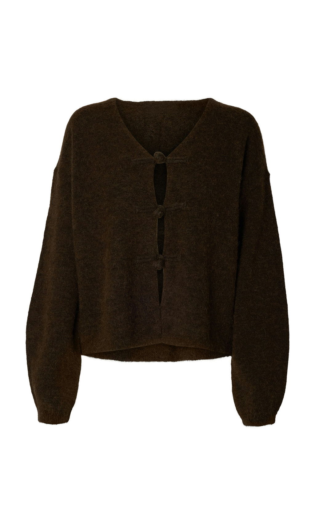 Plümo  Espresso Duffle Knit Cardigan: dark brown, Danish design, V-neck, 3 buttons, relaxed fit.