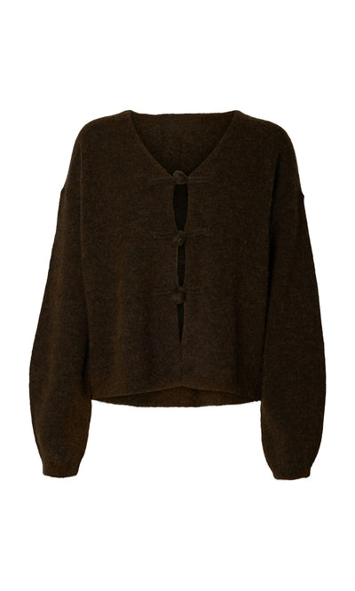 Plümo  Espresso Duffle Knit Cardigan: dark brown, Danish design, V-neck, 3 buttons, relaxed fit.
