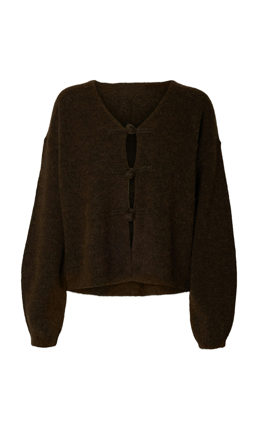 Plümo  Espresso Duffle Knit Cardigan: dark brown, Danish design, V-neck, 3 buttons, relaxed fit.
