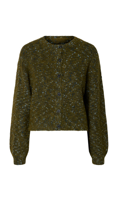 Plümo  Fir Cardigan: Olive wool, Danish design, speckled texture, long sleeves, slightly cropped button-up style.