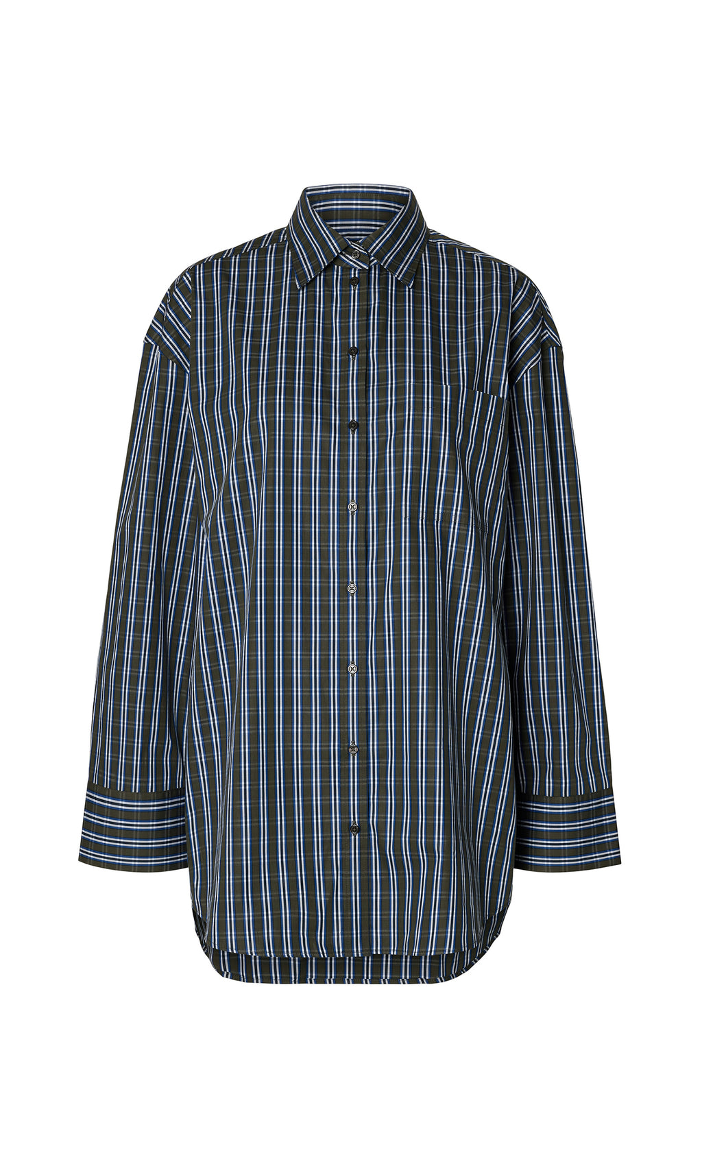 Plümo  Dubery Shirt: Black cotton poplin with blue/white stripes, long sleeves, and a single chest pocket.