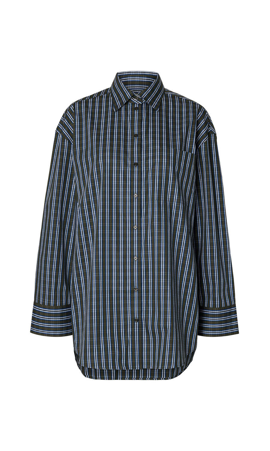Plümo  Dubery Shirt: Black cotton poplin with blue/white stripes, long sleeves, and a single chest pocket.