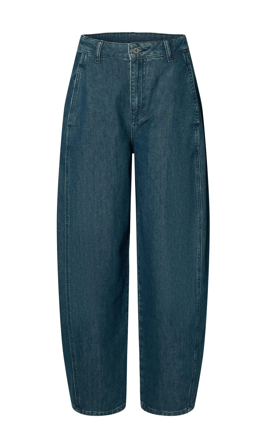 Plümo  Maud Barrel Pants: High waist indigo denim with wide legs, front button, and pockets on a white background.