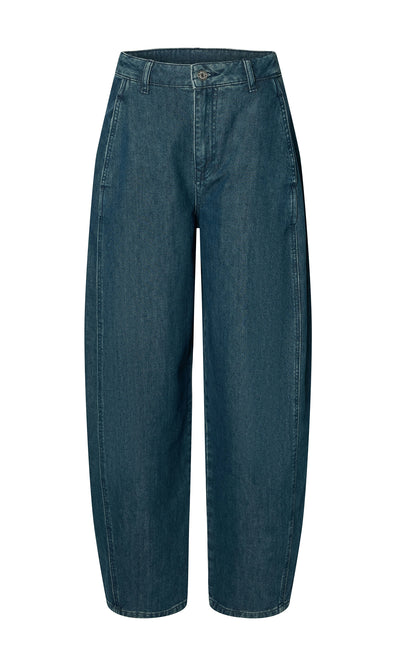 Plümo  Maud Barrel Pants: High waist indigo denim with wide legs, front button, and pockets on a white background.