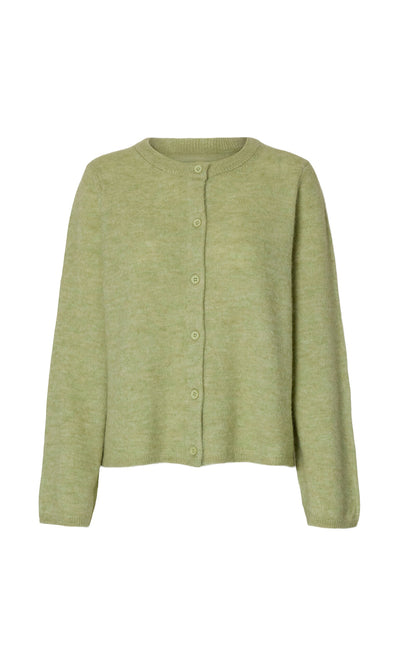 Plümo- The Pistaz Cardigan is a light green, long-sleeve crew neck with buttons—ideal as a lightweight layering sweater.