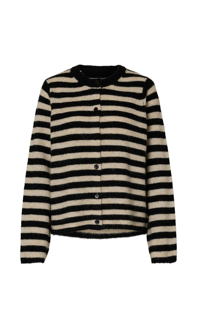 Plümo- Nola Stripe Cardigan in black and beige hues, alpaca mix, with long sleeves and a round neckline.