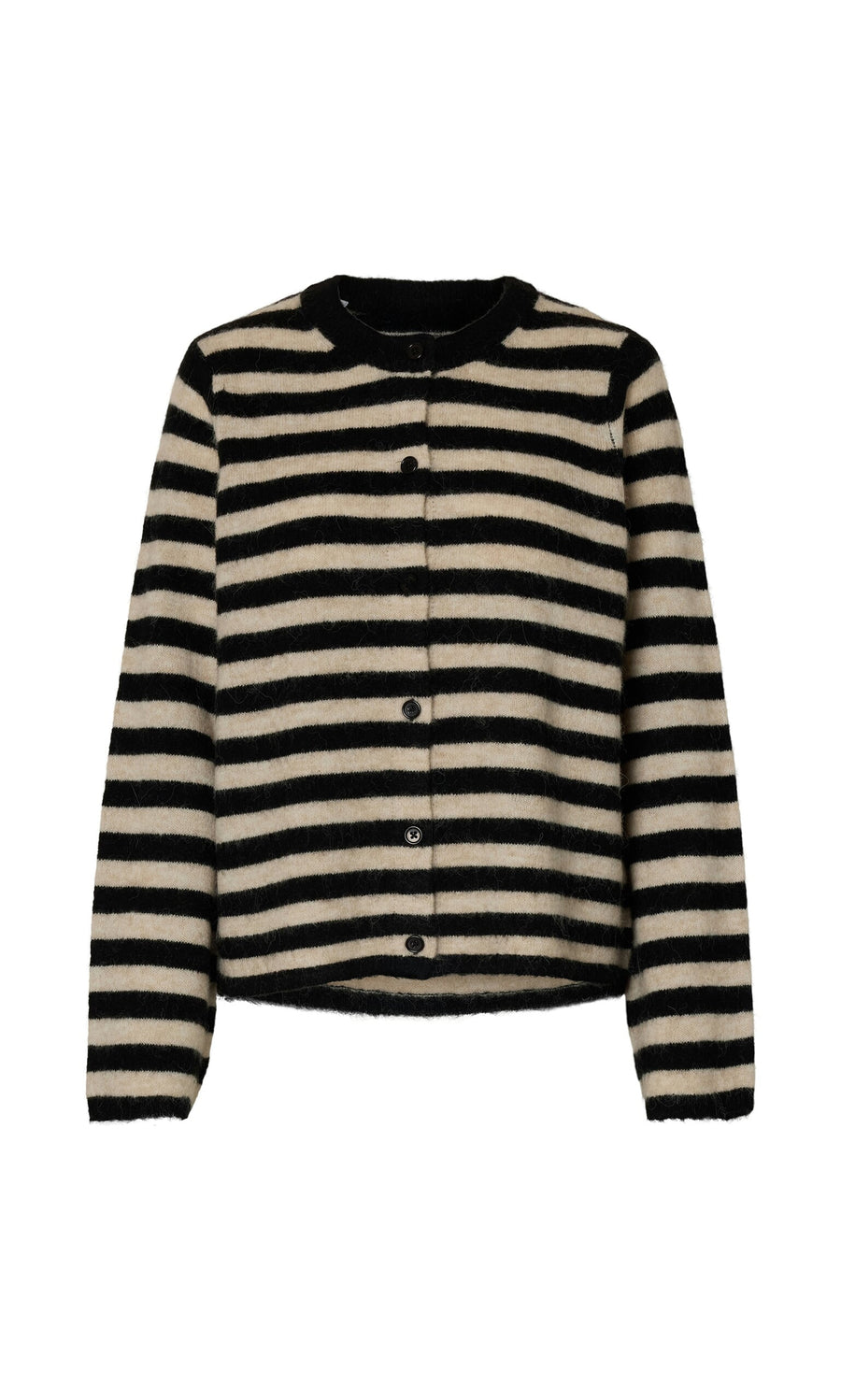 Plümo- Nola Stripe Cardigan in black and beige hues, alpaca mix, with long sleeves and a round neckline.