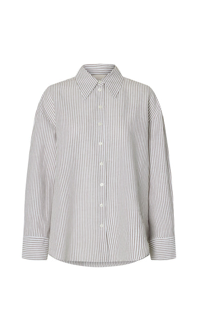 Plümo- Boswell Shirt with gray and white vertical stripes, long sleeves, and a collar shown on a white background.