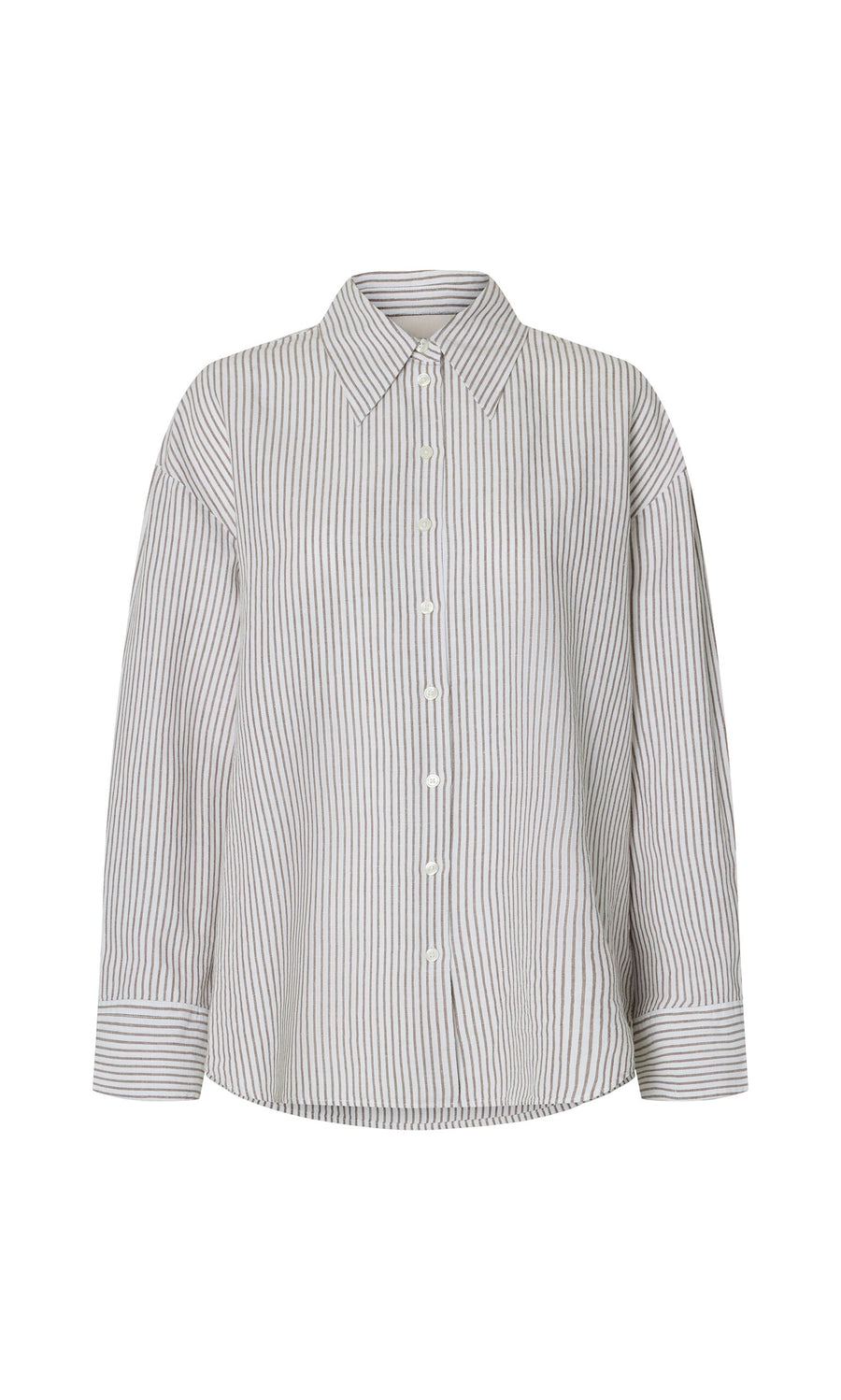 Plümo- Boswell Shirt with gray and white vertical stripes, long sleeves, and a collar shown on a white background.