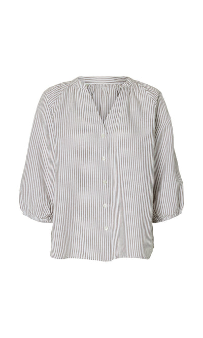 Plümo- Brisley Blouse: white pinstripe, V-neck, button-down, relaxed fit, three-quarter sleeves.