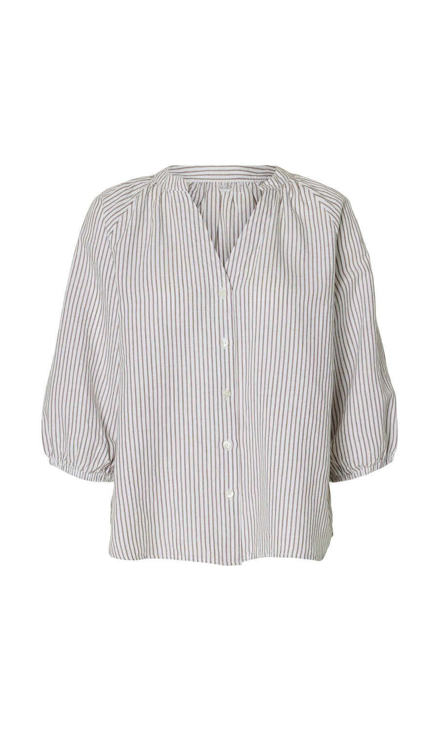 Plümo- Brisley Blouse: white pinstripe, V-neck, button-down, relaxed fit, three-quarter sleeves.