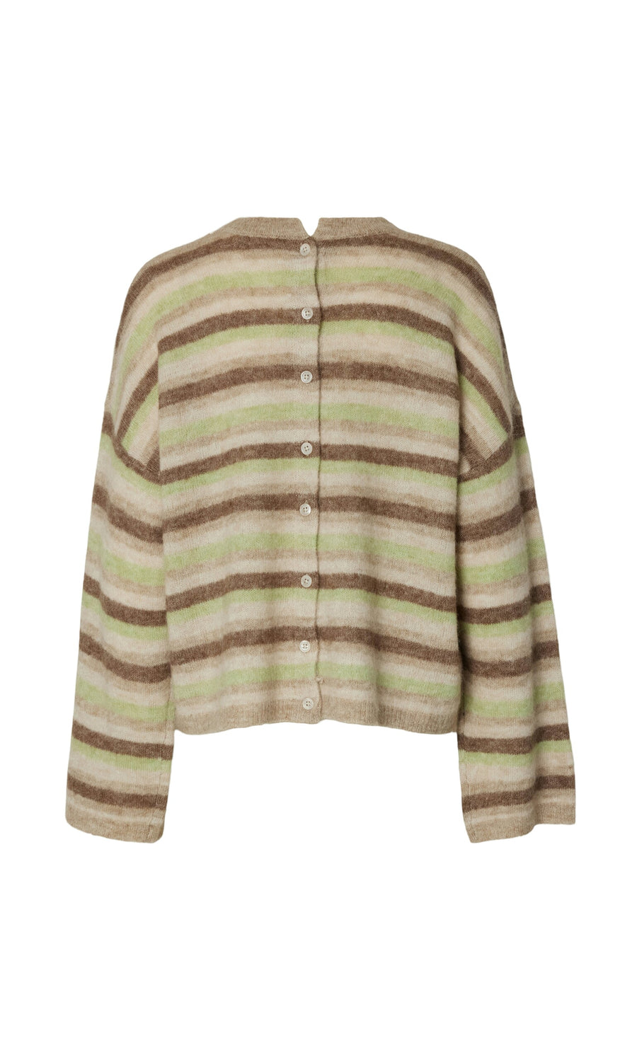 Plümo- The Lint Cardigan is a fuzzy alpaca blend with green, beige, and brown stripes and white back buttons.