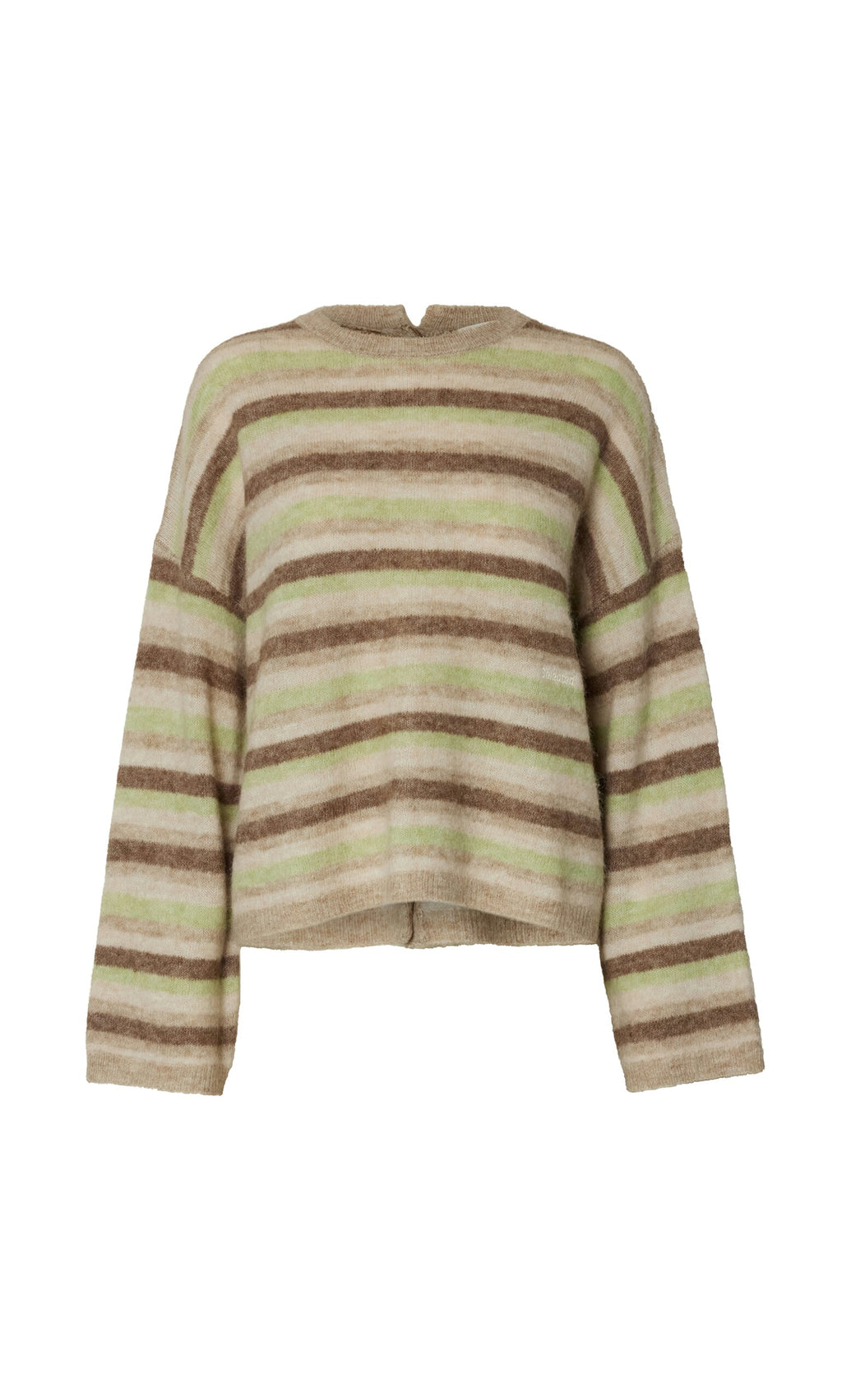 Plümo- Lint Cardigan: A loose-fit alpaca blend with beige, brown, and green stripes—ideal for lightweight layering.
