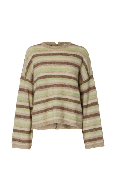 Plümo- Lint Cardigan: A loose-fit alpaca blend with beige, brown, and green stripes—ideal for lightweight layering.