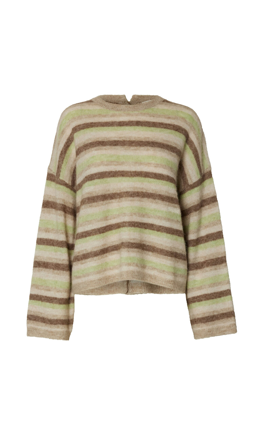 Plümo- Lint Cardigan: A loose-fit alpaca blend with beige, brown, and green stripes—ideal for lightweight layering.