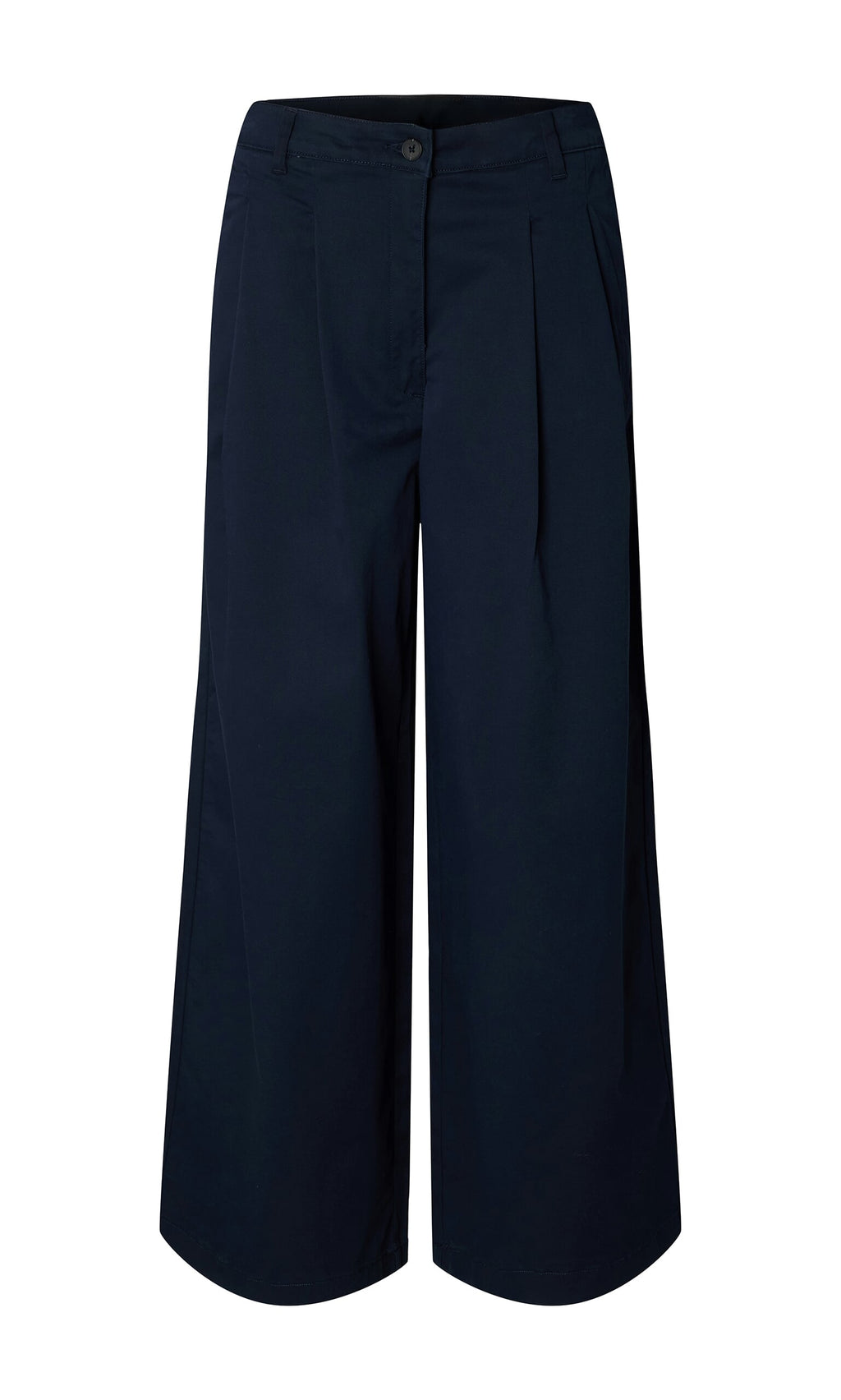 Plümo- Wide Navy Chinos: organic navy cotton culotte pants with wide-leg silhouette and button-zip closure.