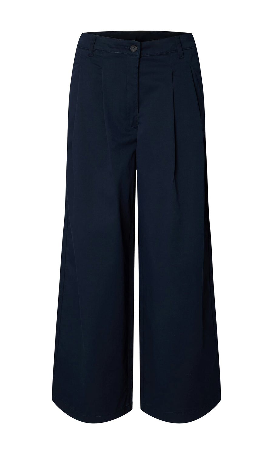 Plümo- Wide Navy Chinos: organic navy cotton culotte pants with wide-leg silhouette and button-zip closure.