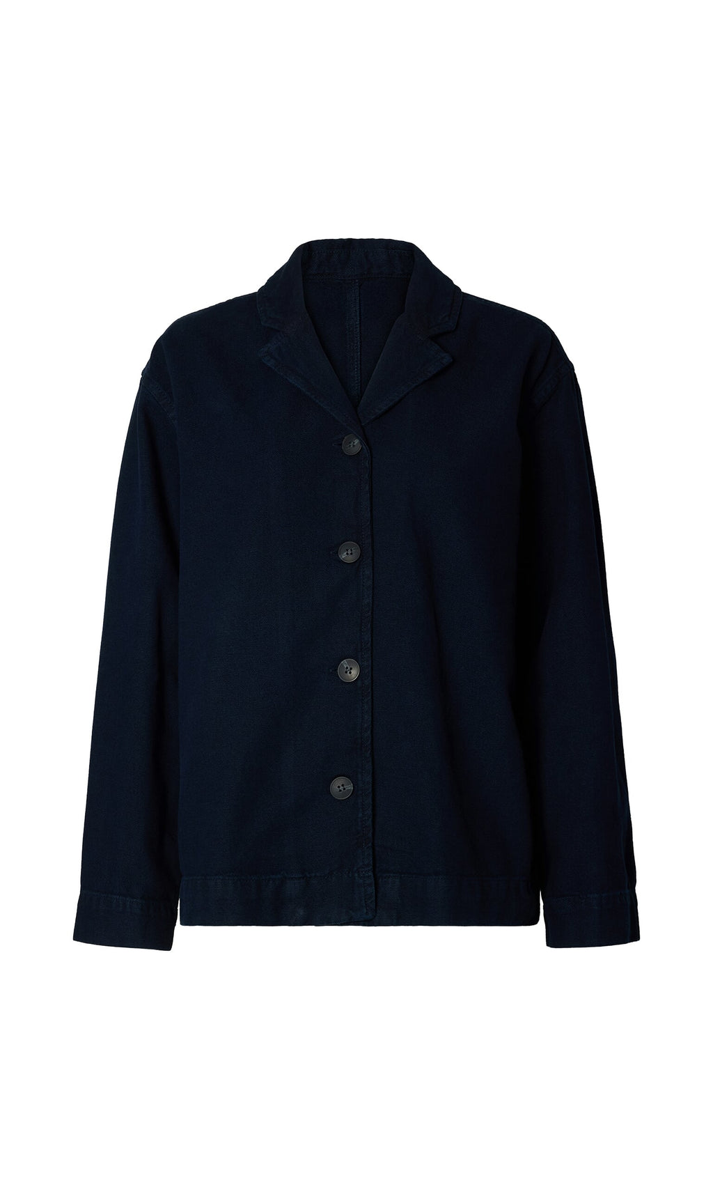 Plümo- The Maren Jacket: a plain black long-sleeve organic cotton jacket with a collar, shown on a white background.
