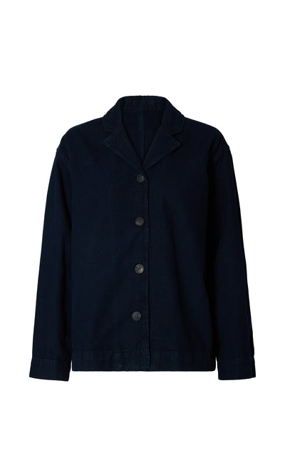 Plümo- The Maren Jacket: a plain black long-sleeve organic cotton jacket with a collar, shown on a white background.