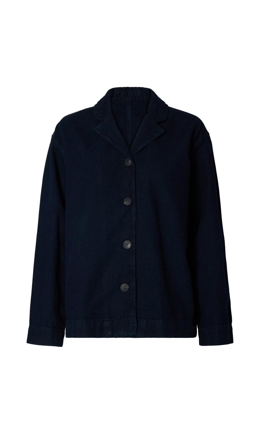 Plümo- The Maren Jacket: a plain black long-sleeve organic cotton jacket with a collar, shown on a white background.