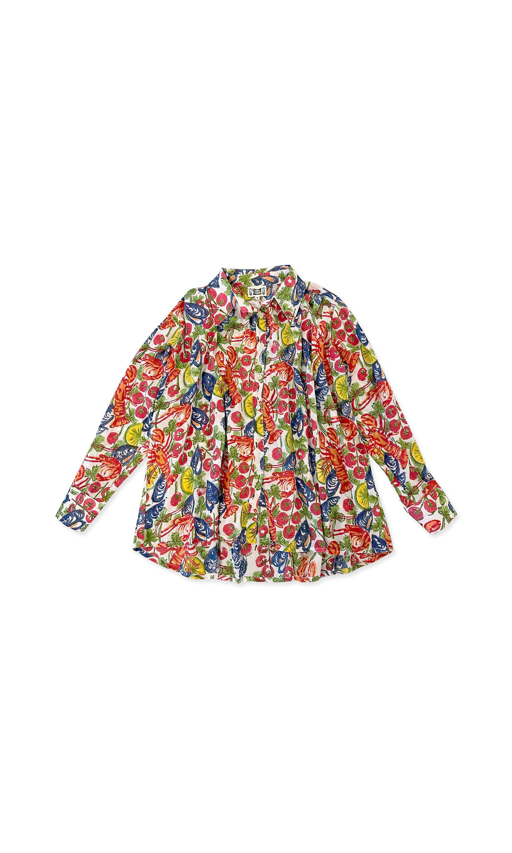 Plümo- Oba Shirt in hand-printed cotton voile with a colorful fruit and vegetable print, shown on a white background.