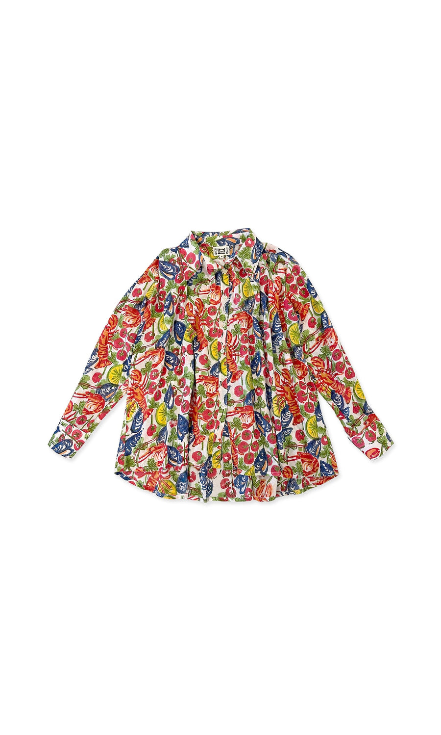 Plümo- Oba Shirt in hand-printed cotton voile with a colorful fruit and vegetable print, shown on a white background.
