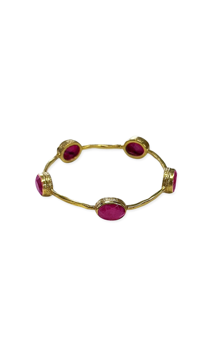 Plümo- Heather Bangle - Gold: Hand-crafted gold plated bangle with four oval semi-precious pink stones on white background.