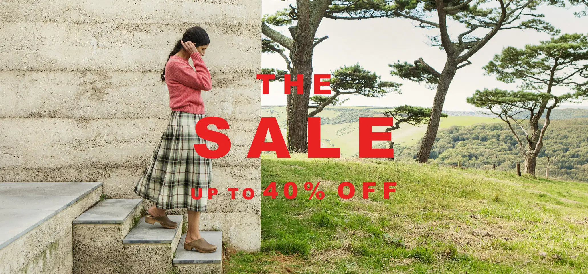 Plümo  Woman in plaid skirt and red sweater descending steps; text reads The Sale Up To 40 Off over a scenic outdoor background.